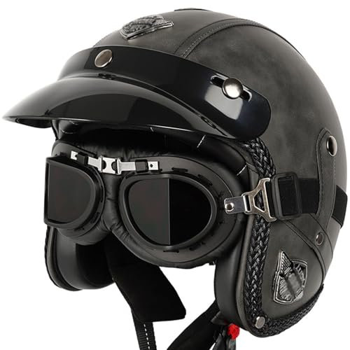 Casque Moto Jet, Casque Ouvert Moto avec Lunettes, Casque Moto Open Face Vintage Adulte Homme Femme ECE Homologué Casque de Cuir Moto pour Street Scooter Cruiser 11,XXL