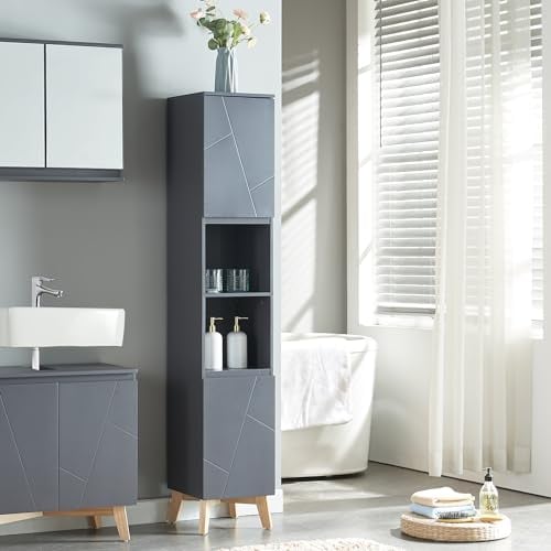 [en.casa] Columna de Baño con 2 Compartimetos Abiertos y Cerrados Armario Alto Mueble Auxiliar Baño con 2 Puertas MDF + Aglomerado Patas de Pino 160 x 30 x 30 cm - Gris y Color Madera