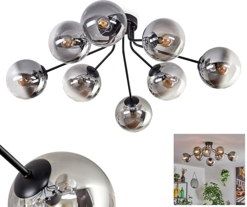 Deckenleuchte Gastor, Deckenlampe aus Metall/Glas in Schwarz/Rauchfarben, Leuchte im modernen Design mit Schirmen aus Glas (Ø 15 cm), 8 x E14, ohne Leuchtmittel