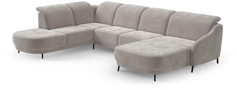 CAVADORE Wohnlandschaft Blue, Sofalandschaft mit Longchair im modernen Design, inkl. kopfteilverstellung, Vorziehsitz motorisch, Klapptisch, USB-Anschluss, mattschwarzen Metallfüßen, Hellgrau