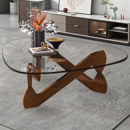 GESEILAY Table Basse en Verre et Bois Triangle Table Basse Salon Moderne Table Basse Petite Table Basse Transparente Vintage Table en Verre Trempé (Noyer-Transparence, 82cm)