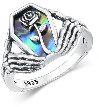 KZX Totenkopfring für Damen, silberner Totenkopfring, Abalone-Muschel, Totenkopf-Handring, Halloween-Schmuck, Geburtstagsgeschenk für Ehefrau und Geliebte