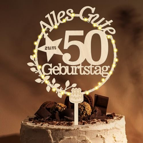 Giftota Cake Topper 50. Geburtstag Holz mit LED Lichterkette - 50. Geburtstag Deko - Tortendeko 50. Geburtstagsdeko Frau Mann