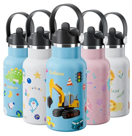 Exllena Borraccia Termica Bambini 350ml - Borraccia con Cannuccia Bambino 100% A Tenuta Stagna - Senza BPA- Borraccia Acciaio Bambini Doppia Parete in Acciaio Mantenere Calore/Freddo (Auto)