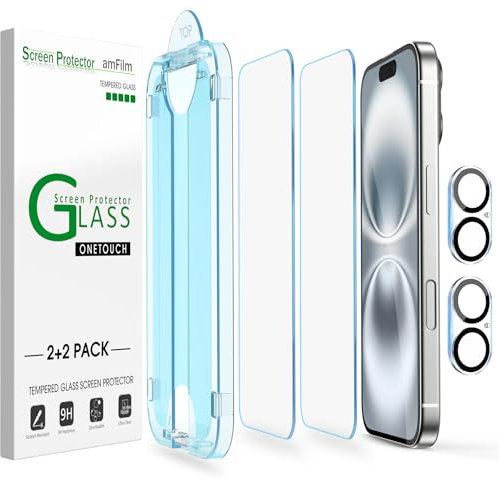 amFilm 2+2 Pack de Cristal Templado para iPhone 16 de 6,1, OneTouch 2 Piezas Protector de Pantalla con 2 Piezas Protectores de Lente de Cámara, Funda Compatible