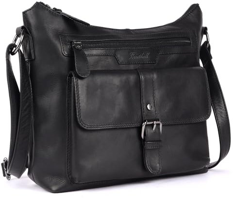Benthill Damen Handtasche Leder - Umhängetasche aus weichem hochwertigem Echtleder - Vintage Fashion Bag Beutel - Shopper - Schultertasche, Farbe:Schwarz
