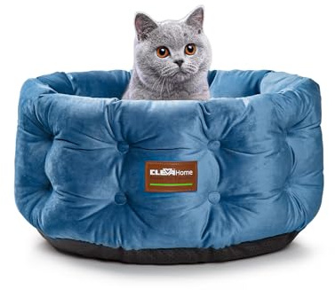ClevaHome Deep Nest Katzenbett für Katzen bis 7 kg, Rundes Katzenbett für den Innenbereich mit Samtoptik, Extra Hohe Seiten, rutschfeste Unterseite, Maschinenwaschbar (Stahlblau)