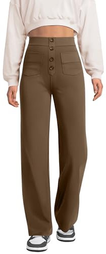 Glacspyg Weite Hose Damen Hohe Taille Sporthose Knopf Gerade Hosen mit Taschen Elastische Freizeithose Braun XS