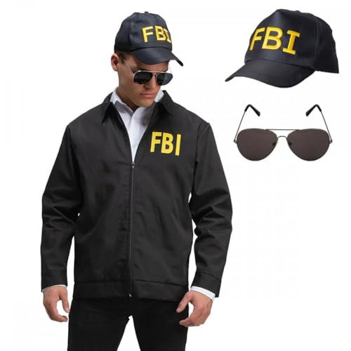FBI Set mit Jacke und Mütze und Piloten-Sonnenbrille: Unisex, für Herren und Damen, Spezialagent, Polizisteam-Kostüm, Größe L