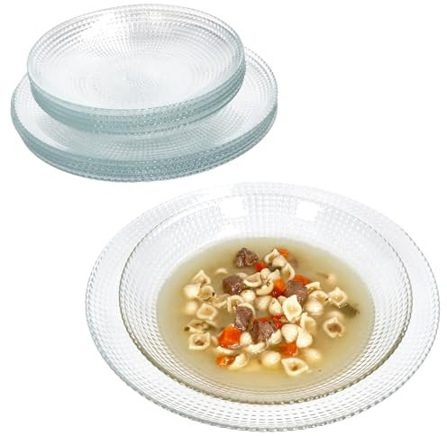 MamboCat Oxygen 12tlg Tafelservice I stabiles Glas-Geschirr für 6 Personen mit Kachel-Relief I 6X Flache Speiseteller & 6X Tiefe Suppenteller 350ml