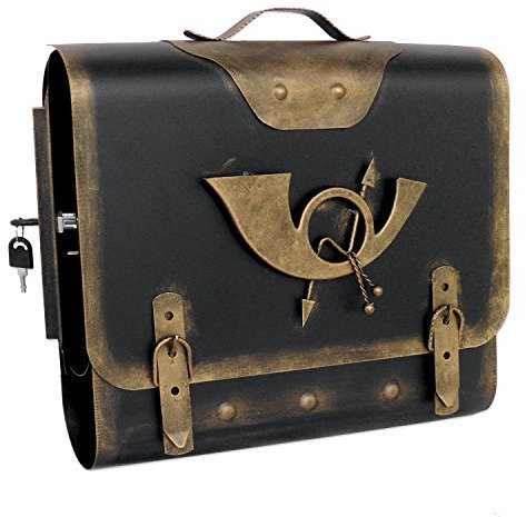 Stelling® Briefkasten POSTHORN 3 Antik-Vintage-Look, Schultasche, Ranzen, Wandbriefkasten, Zeitungsfach, Handarbeit, Retro, Kupfer, Messing, Bronze, Metall (Gold, Entnahme Links)