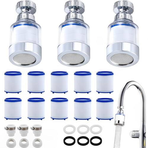 16 Stück Wasserfilter Wasserhahn Set, 3Pcs 360° Wasserhahn Filter +10 Pcs PP-Baumwollfilterelement + 3 Pcs Universelle Schnittstelle, Wasserhahn Filter Für Trinkwasser, Für Küche, Bad, Waschbecken