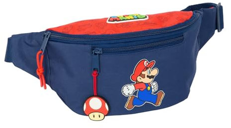 SUPER Mario Trick Gürteltasche mit Außentasche, ideal für Jugendliche und Kinder unterschiedlichen Alters, bequem und vielseitig, Qualität und Widerstandsfähigkeit, 23 x 9 x 12 cm, Dunkelblau/Rot, M,