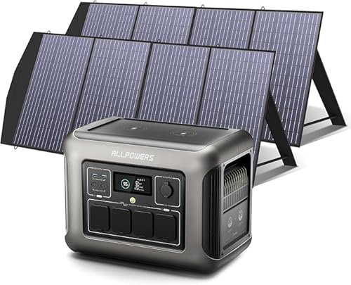 ALLPOWERS Generador solar R1500, batería LiFePO4 de 1152 WH, 4 estaciones de energía portátiles de salida de CA de 1800 W con 2 paneles solares de 200 W para jardín, viajes, camping, RV, emergencia