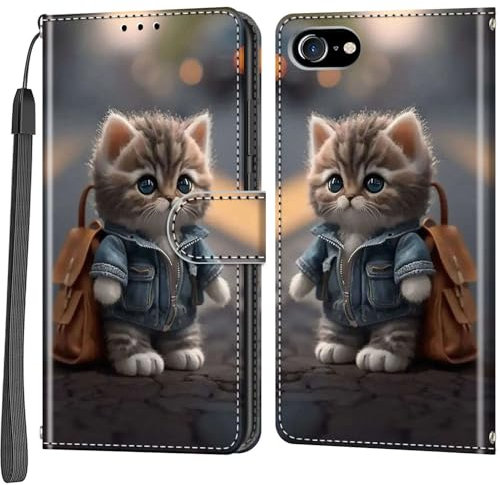 Salanheo Cover per iPhone 7 / iPhone 8 / SE2 (2020) / SE3 (2022), Antiurto Flip Case Pelle Libro Portafoglio Custodia con Slot per Schede Magnetica Custodia Gatto