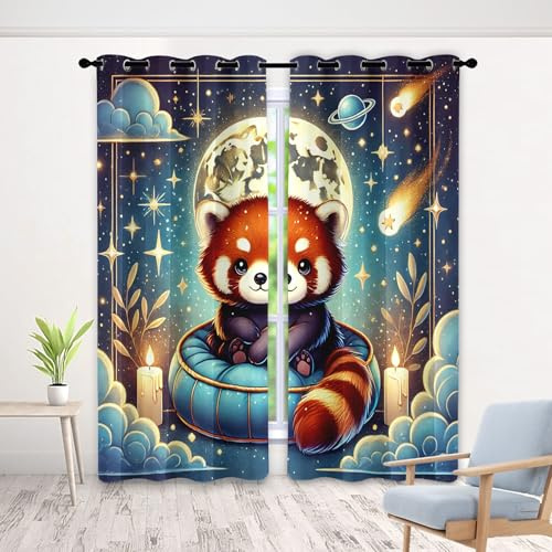 Generisch Rot Panda Vorhang, Wohnzimmer Schlafzimmer Blickdichte Vorhänge, Niedliche Stern Und Mond Tiere Gardinen, mit Ösen Verdunkelungsvorhang, Vorhänge 2er Set, 280x260 cm SFO&X-105