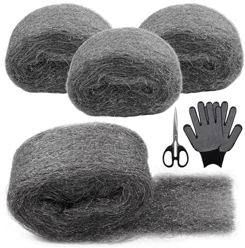 GXFCING Steel Wool, 4 Rolls Fine Wire Wool Mice Rats Blocker with Work Gloves and Scissors, 0000 Steel Wool for Cleaning, Polishing, Hole Filler Wall, Keeps Mice & Rodents Away (3m/ Roll)