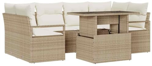 vidaXL Garten-Sofa-Set 7 pcs Beige und Creme 100 x 55 x 73 cm, Stylisches Gartenmöbel, modernes Rattan-Sofa, UV-beständige Materialien, abnehmbare Kissen, entspannte Lounge.