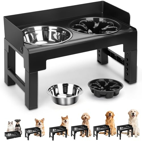 Nobleza Comedero Perro Elevado con Borde Antiderrame, 6 Alturas Ajustables y Reclinable, 1 x 1000ml Cuenco Acero Inoxidable, 1 x 600ml Comedero Perro Antivoracidad, para Perros y Gatos, Negro
