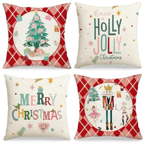 4 Stück Kissenbezug Weihnachten, Weihnachtskissen 45x45 cm, Nussknacker Frohe Kissenbezug Leinenstoff, Weihnachtskissenbezug, Weihnachtsdeko Kissenbezüge, Kissenhülle Nussknacker Weihnachten Deko