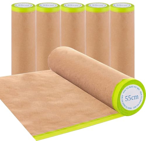 Lifegogo 6-Rolls Masking Paper for Spraying: 55cmx15m Pre-Taped Paper with Adhesive Tape Brown Paint Masking Papers for Auto Wall Furniture Painting and Spraying Protection