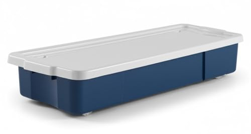 KYY'Z - 47L Wheeled Underbed Storage Boxes Plastic Storage Containers on Wheels Ideal for Clothes Toys Bedding Organiser Stackable Home Bedroom Storage Blue Box with White Lid