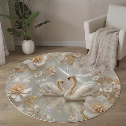 MLSOWM Teppich Rund Flauschig 60cm, Elegante Blumen Runder Teppich rutschfest Waschbarer Blumen Und Schwäne Teppiche Kurzflor für Wohnzimmer Schlafzimmer Heimbüro, Weiß