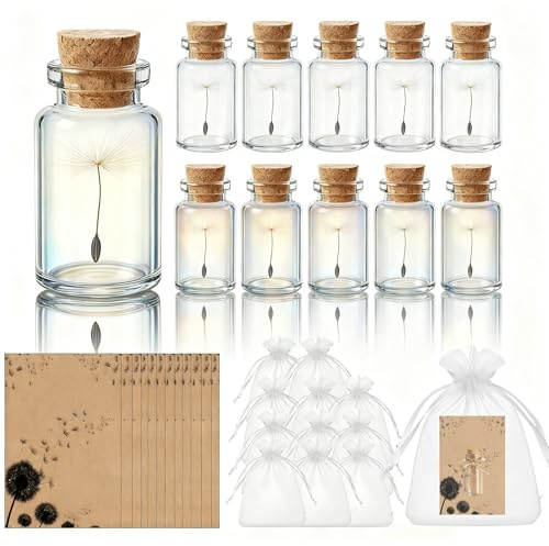 AEMCHDM 12 Set Bottiglie di Vetro Portafortuna con Dente di Leone - Kit Regalo Completo, Biglietti e Tappi in Sughero - per Desideri, Matrimoni, Feste o Decorazione Casa, Compleanno
