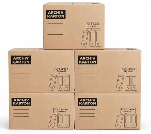 Archivkarton 5er Set A4 Ordnerbox Archivbox Wellpappe Braun Umzugskarton | BURI Archivkarton für fünf Ordner mit Steckdeckel, Tragegriffen und Beschriftungsfeld, stapelbar bis 30 kg Belastung