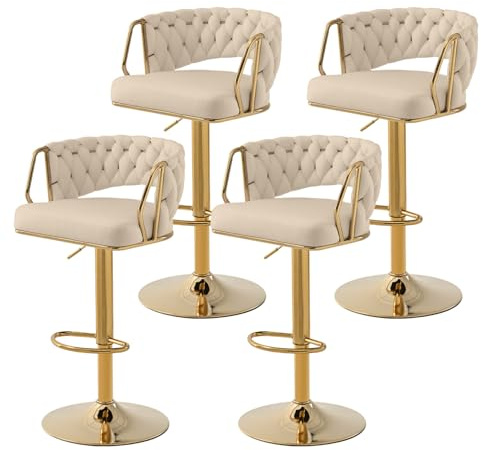SUPPNEED Lot de 4 tabourets de Bar en Velours réglables en Hauteur - Pivotants à 360° - avec Dossier tressé à la Main - Repose-Pieds doré - pour Salle à Manger, Cuisine, île(Beige,4)