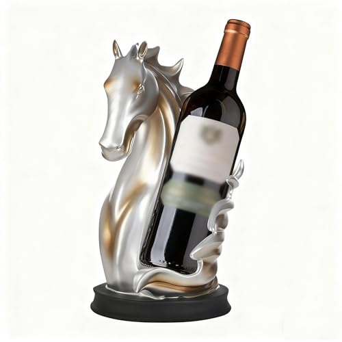 MIIWWOWO Wine Bottle Holder 17x30cm, Tabletop Horse Statue Wine Rack Decorative, Wine Storage Display Rack (Silver Gold)