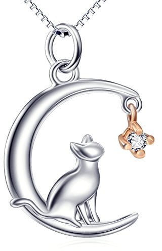 YAFEINI Moon Cat Necklaces 925 Sterling Silver Rose Gold Moon and Cat Pendant Necklace Cats Jewellery Gift for Women Girls