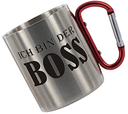 CreaLuxe Edelstahltasse mit Karabiner - Ich Bin der Boss - 330ml, Tasse bedruckt, Kaffeetasse, Bürotasse, Metalltasse mit Name, leicht und bruchsicher