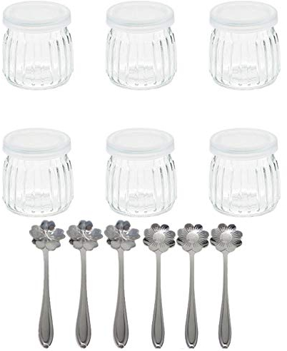 Tikwisdom Lot de 6 pots de yaourt en verre avec 6 couvercles et 6 cuillères à dessert en forme de fleur 200ml