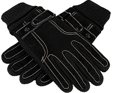 Herren Strick Handschuhe Winterhandschuhe Handschuhe Warme Jungen Mit Outdoor Aus Em Leder (Color : Schwarz, Size : One Size)