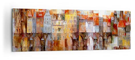ARTTOR Bilder auf Leinwand 160x50cm Wandbild Abstrakt Architektur - 3476 | Stadt Mietshaus Haus Panorama Groß XXL Wanddekoration Wohnzimmer Schlafzimmer Wanddeko Wand Kunstdruck Wandkunst ARTTOR