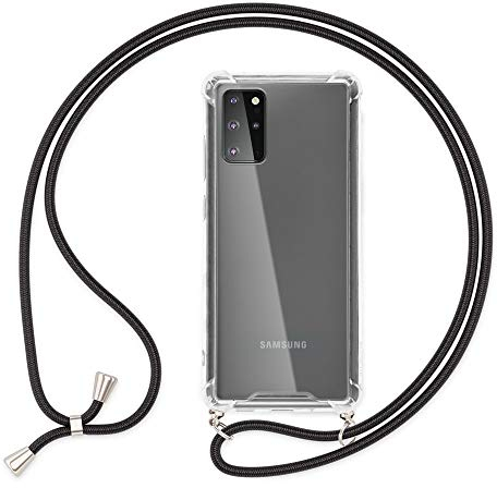 NALIA Handyhülle mit Kette kompatibel mit Samsung Galaxy S20 Plus Hülle, Slim Necklace Hard-Case mit Umhänge-Band, Transparente Schutzhülle & Handy-Schnur, Soft Kordel Cover Etui, Farbe:Schwarz