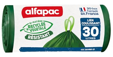 alfapac - 20 sacs-poubelle 30L à lien coulissant résistant- fabriqués en France - bi-matière recyclée & végétale