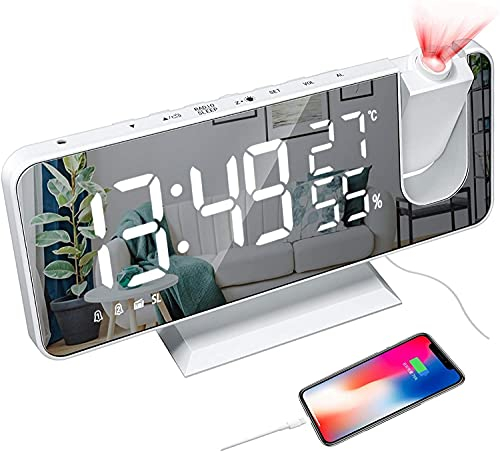 Wecker mit Projektion, Wecker Digital mit Temperatur Luftfeuchtigkeits Anzeige, Radiowecker mit USB Ladegerät, Loud LED Wecker Großer Spiegelbildschirm (weiß)