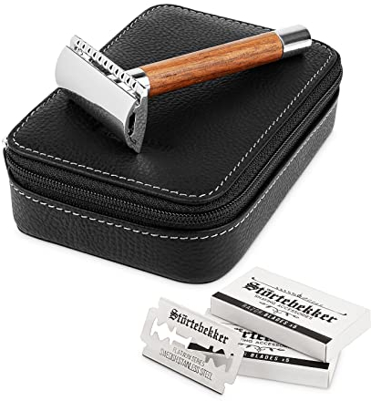 Störtebekker® Premium Rasierhobel Solingen Holz im Set - inkl. Rasierhobel Etui und 10 Störtebekker Klingen - perfekt zum Reisen - Hochwertiges Rasierset/Bartpflege Set für Männer - Geschenkidee