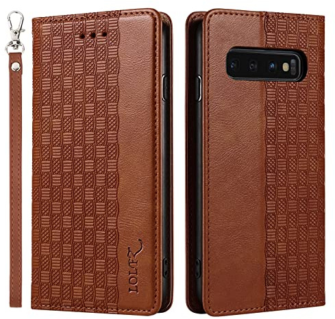 LOLFZ Hülle für Samsung Galaxy S10E, Leder Handyhülle Kartenfach Ständer Handschlaufe Magnetische Klappbare Stoßfeste Schutzhülle für Samsung Galaxy S10E - Braun