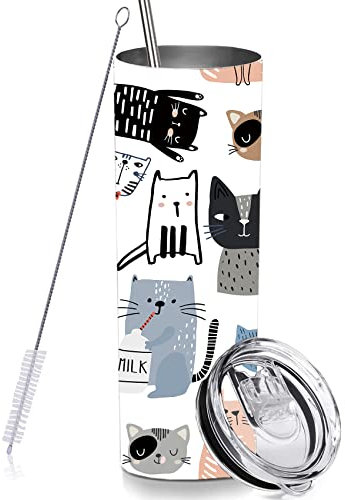 RNFENQS Cute Cat Skinny Tumbler Cup with Straw Lid, 20 OZ Stainless Steel Insulated Vacuum Slim Travel Coffee Mug for Cat Lover Girls Women