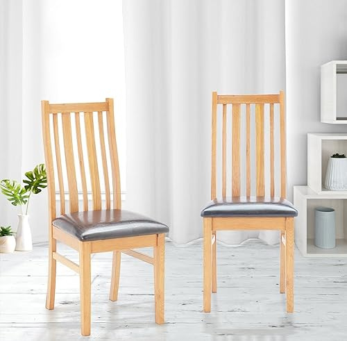 Hallowood Furniture Oak Dining Chairs Set of 2 with Bonded Leather Seat Pad, Stylish Solid Wooden Light Oak Kitchen Dining Room Chairs in Dark Brown Seat for Home and Restaurant