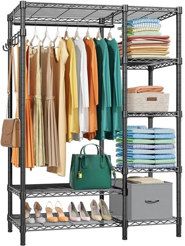Solerconm Portant à Vêtements, Porte-manteau pour Vêtement Penderie Métallique avec 4 Étagères 3 Barres, Hauteur et Largeur Réglables, Charge Max 290kg,114 * 42 * 194cm