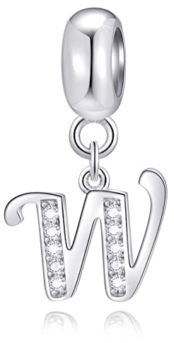 Letter W Charms Initial W Alphable Pendant Beads, 925 Sterling Silver Letra Charm Dangle with Clear CZ, fit Pandora Wedding Bracelet, Gifts for Wife/New Year/Women/Christmas