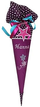 Glückspilz Schultüte mit Namen personalisiert, STERNE, Zuckertüte aus Stoff genäht, LILA, mit Anhänger