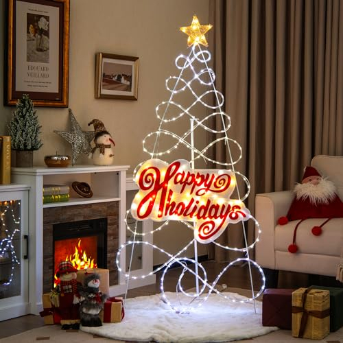 COSTWAY 170cm LED Weihnachtsbaum, beleuchtete Weihnachtsdeko, farbewechselnde Lichter | 216 LEDs | 6 Lichtmodi, Lichterbaum mit Buchstaben & Stern, Tannenbaum Lichterkette innen außen, Metall