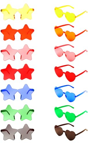 RISVOWO 14 Paia Occhiali Festa, Occhiali da Sole a Cuore e Occhiali a Forma Stella senza Montatura, Occhiali Colorati Trasparenti, Gadget Compleanno per Feste Di Compleanno per Bambini e Adulti