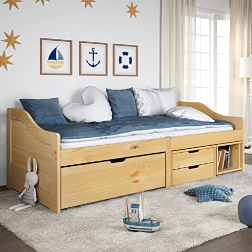 Festnight Tagesbett mit 3 Schubladen Bett mit Stauraum Senta Kinderbett Jugendbett Bett 90x200 Kiefer Natur Tagesbett Gästebett Einzelbett mit Schubkästen Funktionsbett Kojenbett 90x200cm