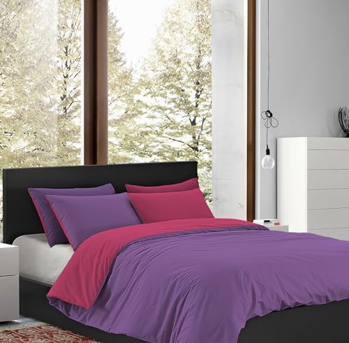 Il Gruppone Passione Casa Copripiumino 100% Cotone Matrimoniale Double Face Made In Italy Bicolore Sacco e Federe Due Piazze Set Letto (Fragola - Viola)